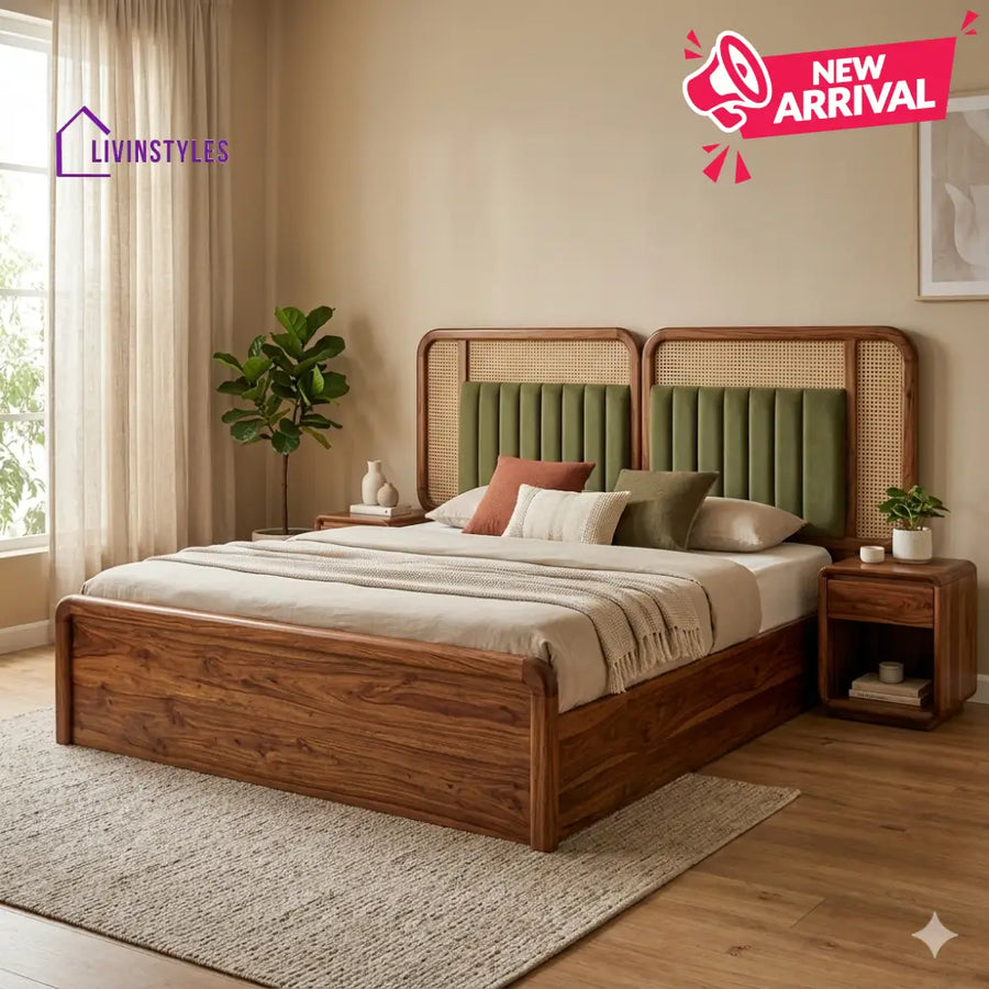 Veronika Premium Sheesham Wood Bed with Velvet Headboard