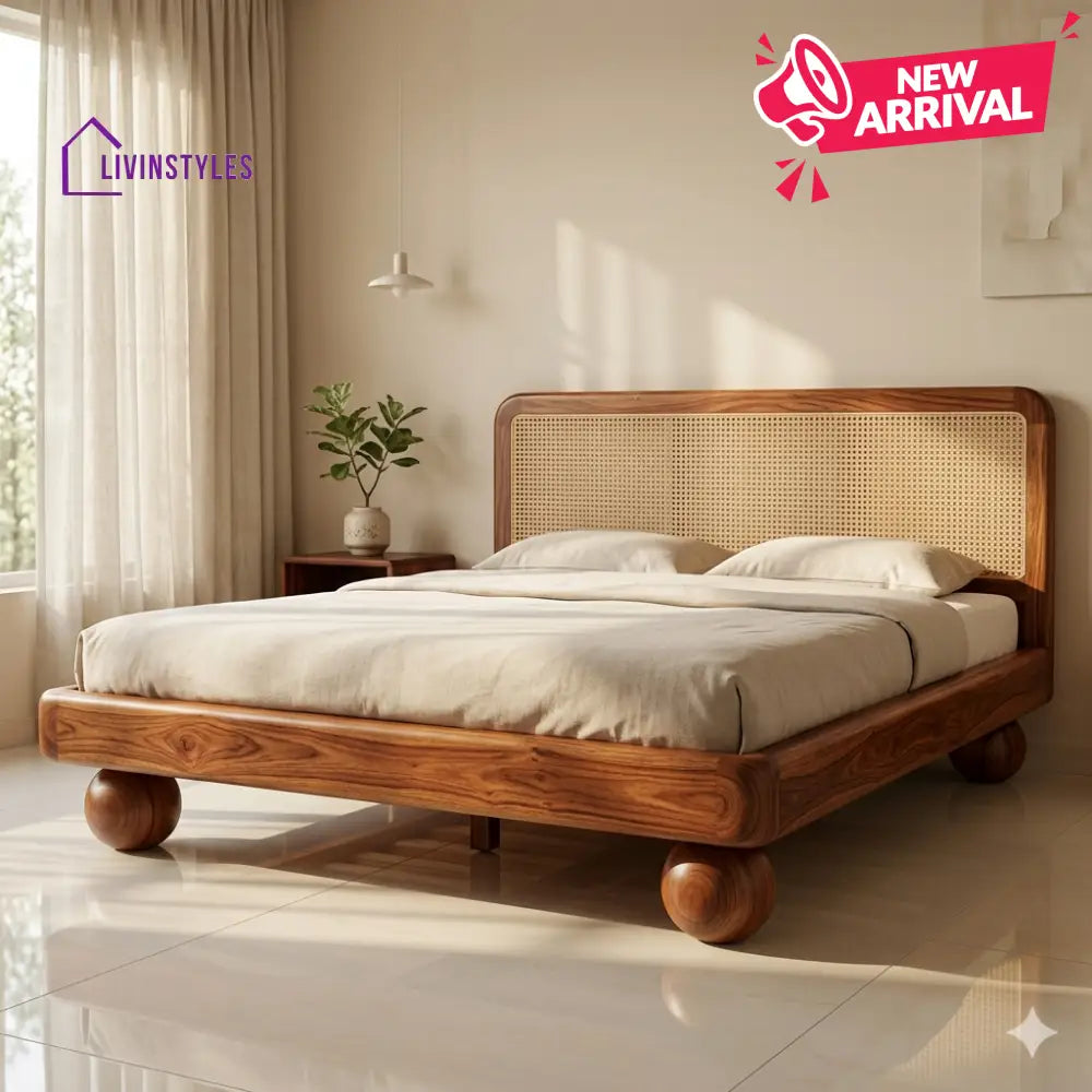 Veronika Sheesham Wood Bed with Ball Shaped Legs and Cane Weaving Headboard