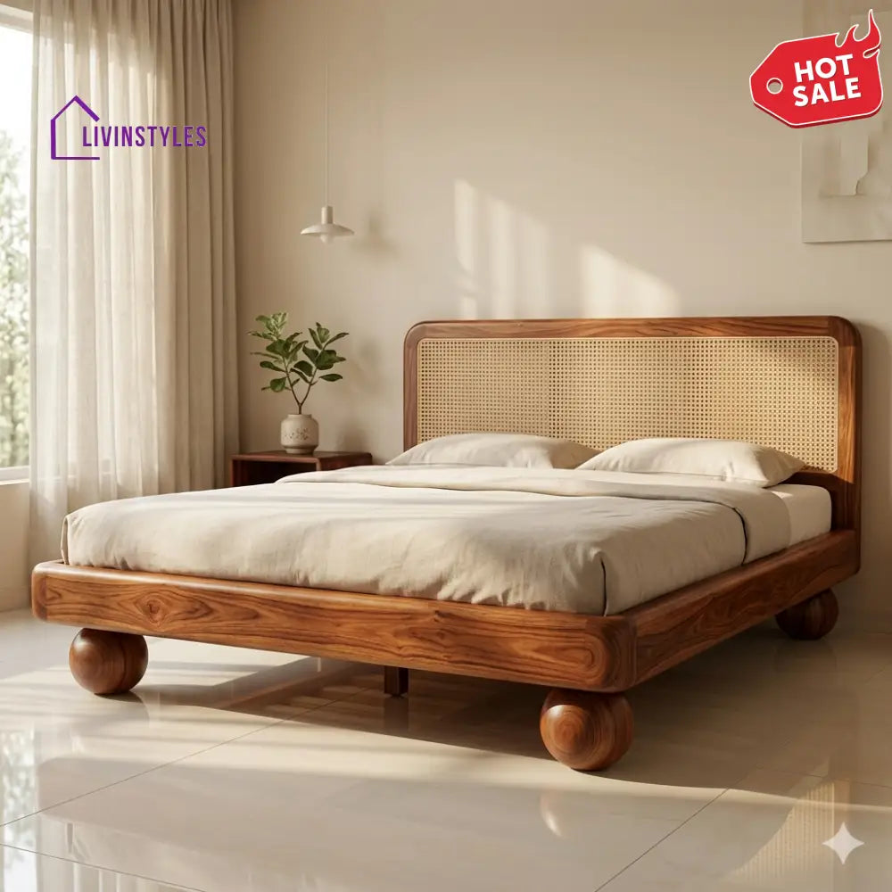 Veronika Sheesham Wood Bed with Ball Shaped Legs and Cane Weaving Headboard