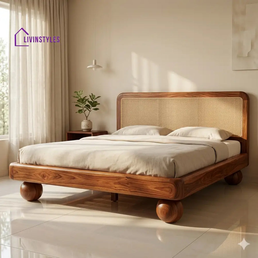 Veronika Sheesham Wood Bed with Ball Shaped Legs and Cane Weaving Headboard