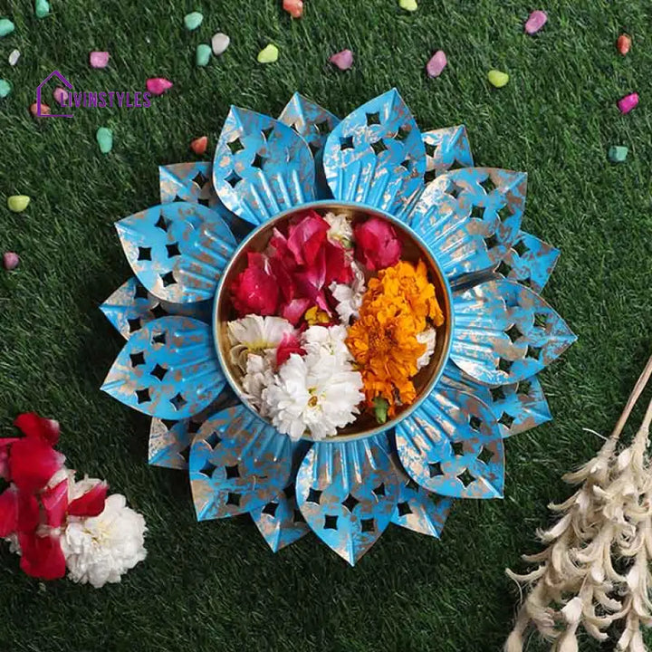 Versatile Colorful Flower Cutout Decor Design Urli | 12 Inches Blue