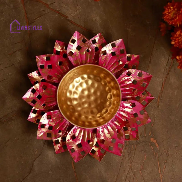 Versatile Colorful Flower Cutout Decor Design Urli | 12 Inches Pink