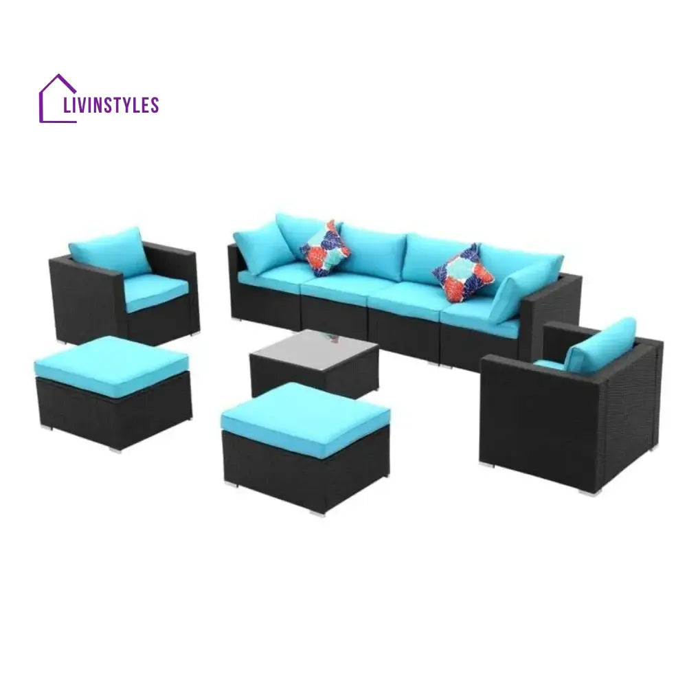 Vesna 6-Piece Outdoor Conversation Set (Black/Sky-Blue) - Sofa Set