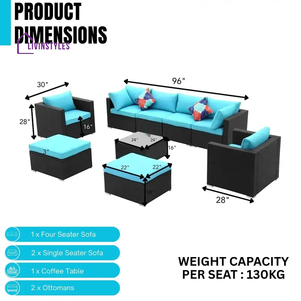 Vesna 6-Piece Outdoor Conversation Set (Black/Sky-Blue) - Sofa Set
