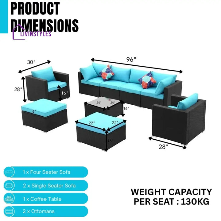 Vesna 6-Piece Outdoor Conversation Set (Black/Sky-Blue) - Sofa Set