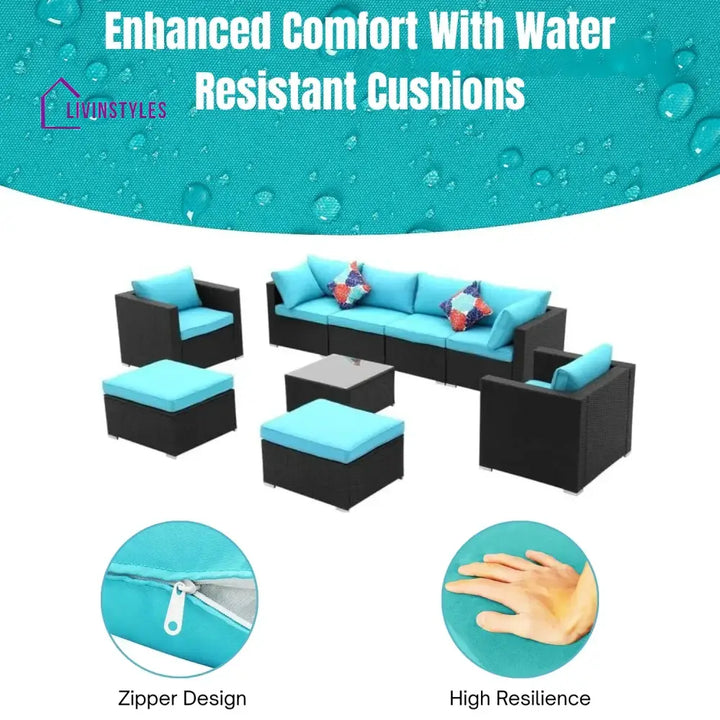 Vesna 6-Piece Outdoor Conversation Set (Black/Sky-Blue) - Sofa Set