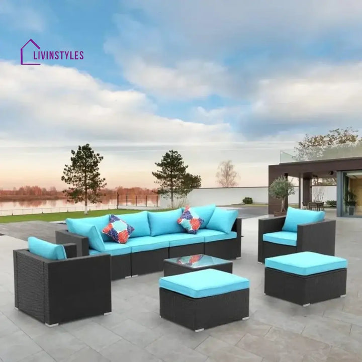 Vesna 6-Piece Outdoor Conversation Set (Black/Sky-Blue) - Sofa Set