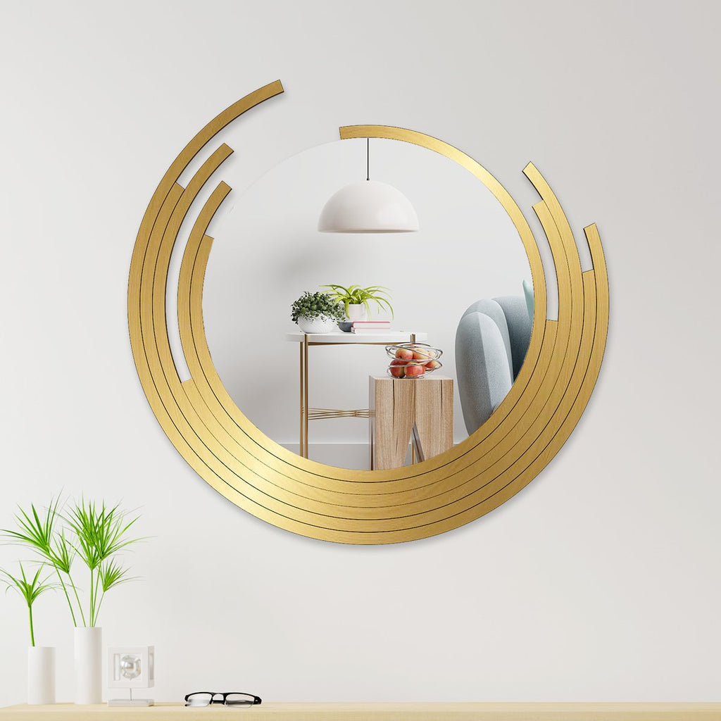 Nini Beautiful Decorative Wooden Wall Mirror Round Shape with Golden Finish Frame Wall Mirror