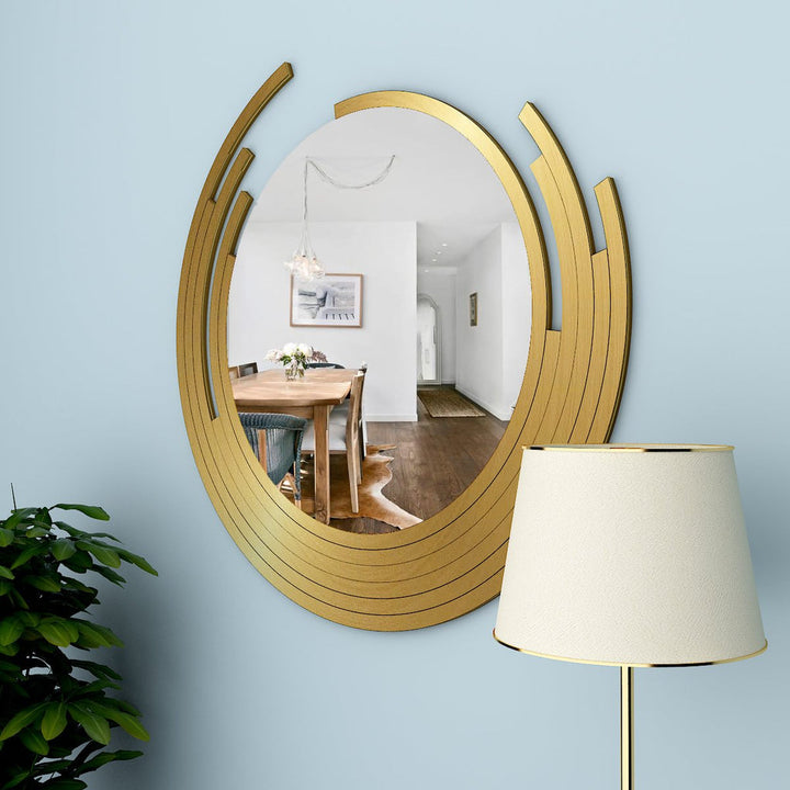 Nini Beautiful Decorative Wooden Wall Mirror Round Shape with Golden Finish Frame Wall Mirror
