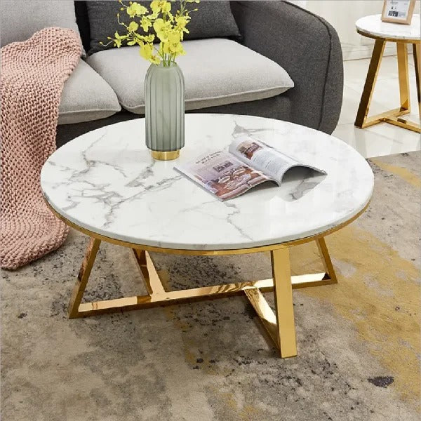 Classic White Hamilton Marble Round Coffee Table Set of 2 Table