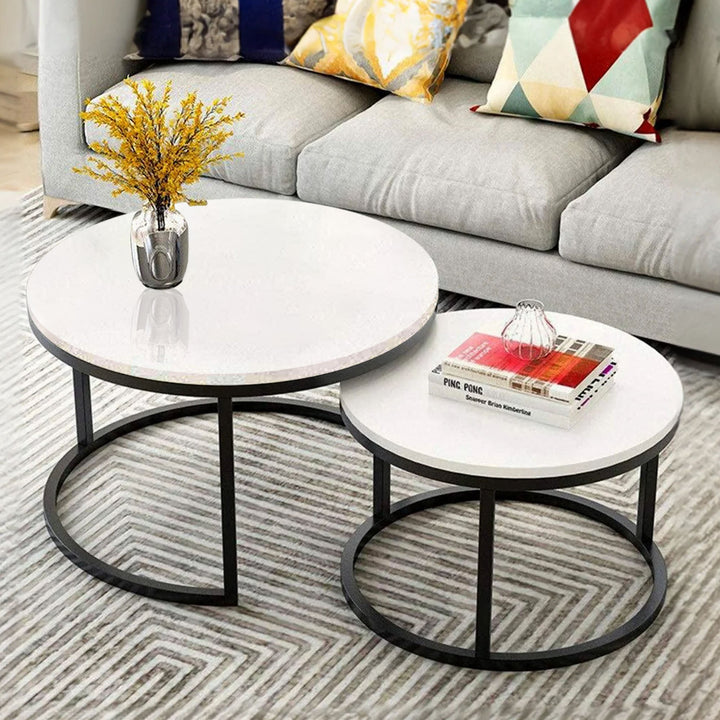 Classic White with Black Metallic Finish Round Coffee Table Set of 2 Table