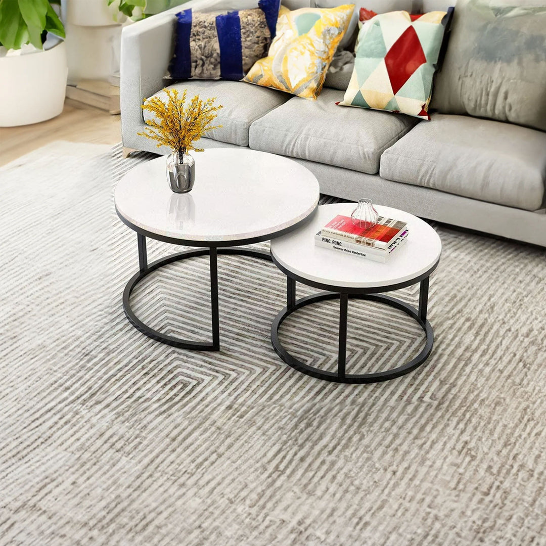 Classic White with Black Metallic Finish Round Coffee Table Set of 2 Table