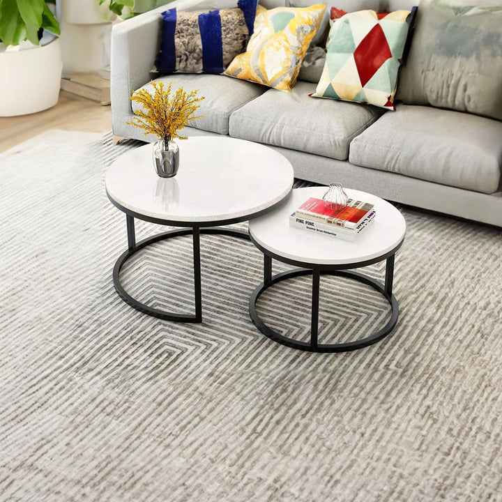 Classic White with Black Metallic Finish Round Coffee Table Set of 2 Table