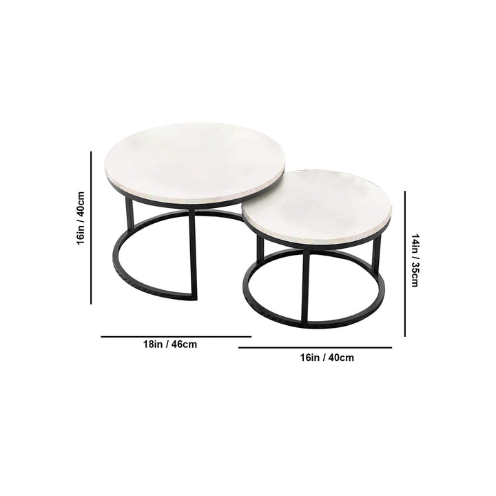 Classic White with Black Metallic Finish Round Coffee Table Set of 2 Table