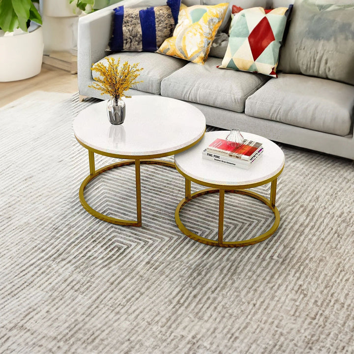 Classic White with Golden Metallic Finish Round Coffee Table Set of 2 Table