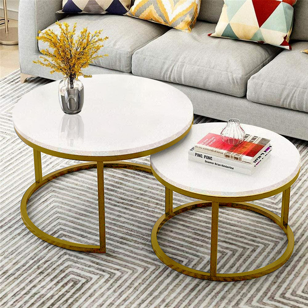 Classic White with Golden Metallic Finish Round Coffee Table Set of 2 Table