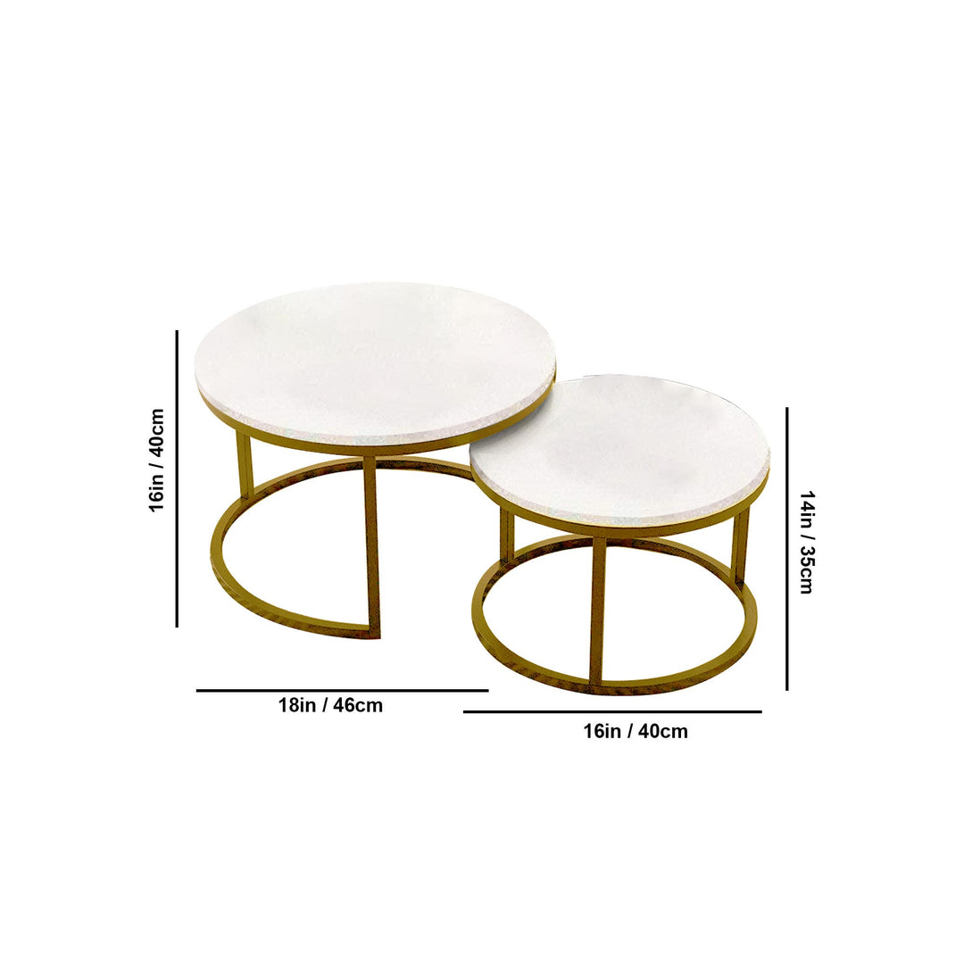 Classic White with Golden Metallic Finish Round Coffee Table Set of 2 Table