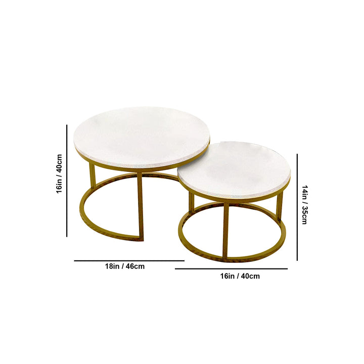 Classic White with Golden Metallic Finish Round Coffee Table Set of 2 Table