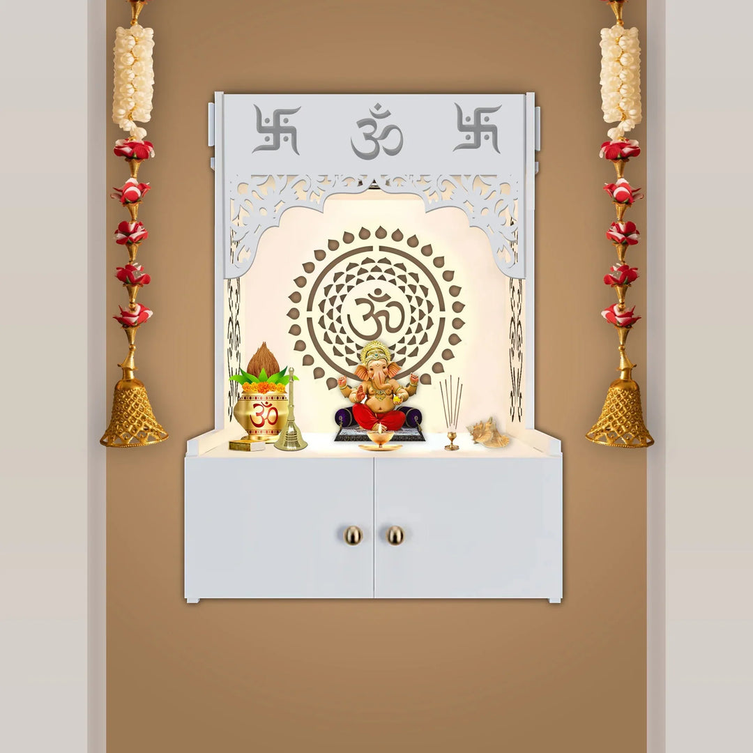 OmkarWood ShantiChakra White Wall-Mounted Pooja Mandir with OM Design & Focus Lighting