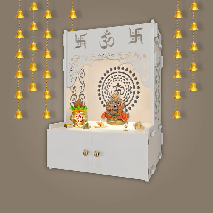 OmkarWood ShantiChakra White Wall-Mounted Pooja Mandir with OM Design & Focus Lighting
