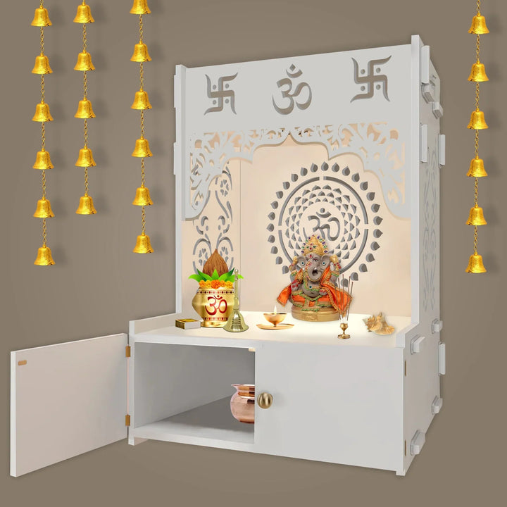 OmkarWood ShantiChakra White Wall-Mounted Pooja Mandir with OM Design & Focus Lighting