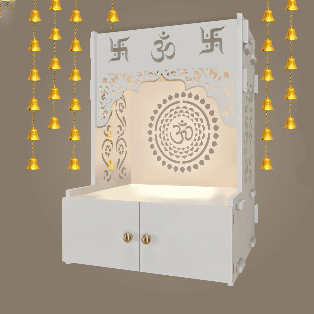 OmkarWood ShantiChakra White Wall-Mounted Pooja Mandir with OM Design & Focus Lighting