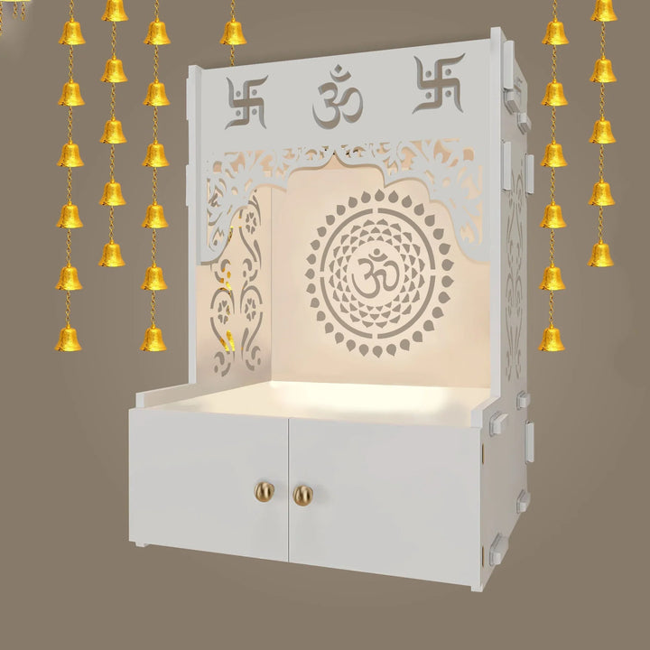 OmkarWood ShantiChakra White Wall-Mounted Pooja Mandir with OM Design & Focus Lighting