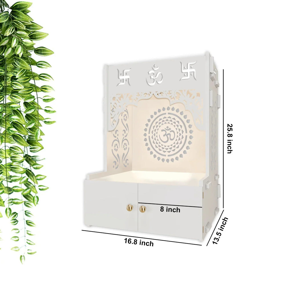 OmkarWood ShantiChakra White Wall-Mounted Pooja Mandir with OM Design & Focus Lighting