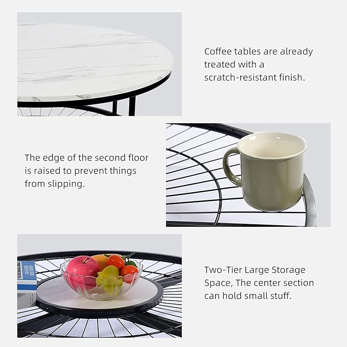 Designer Round Modern Center Table with White Marble Black Metal Finish Table