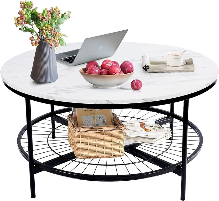 Designer Round Modern Center Table with White Marble Black Metal Finish Table
