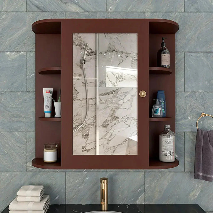 OmkarWood Premium Engineered Wood Bathroom Cabinet with Mirror – 10 Spacious Shelves (Brown Finish)