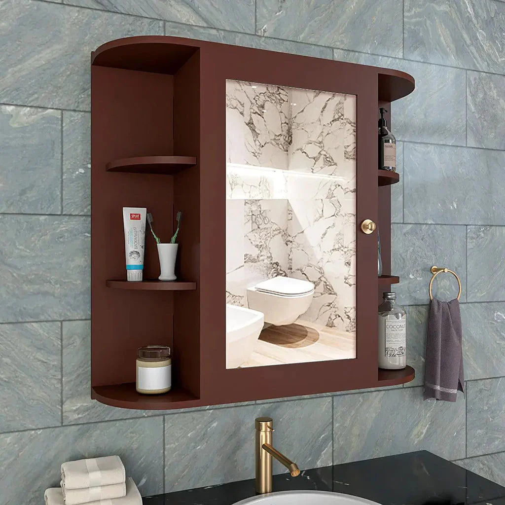 OmkarWood Premium Engineered Wood Bathroom Cabinet with Mirror – 10 Spacious Shelves (Brown Finish)