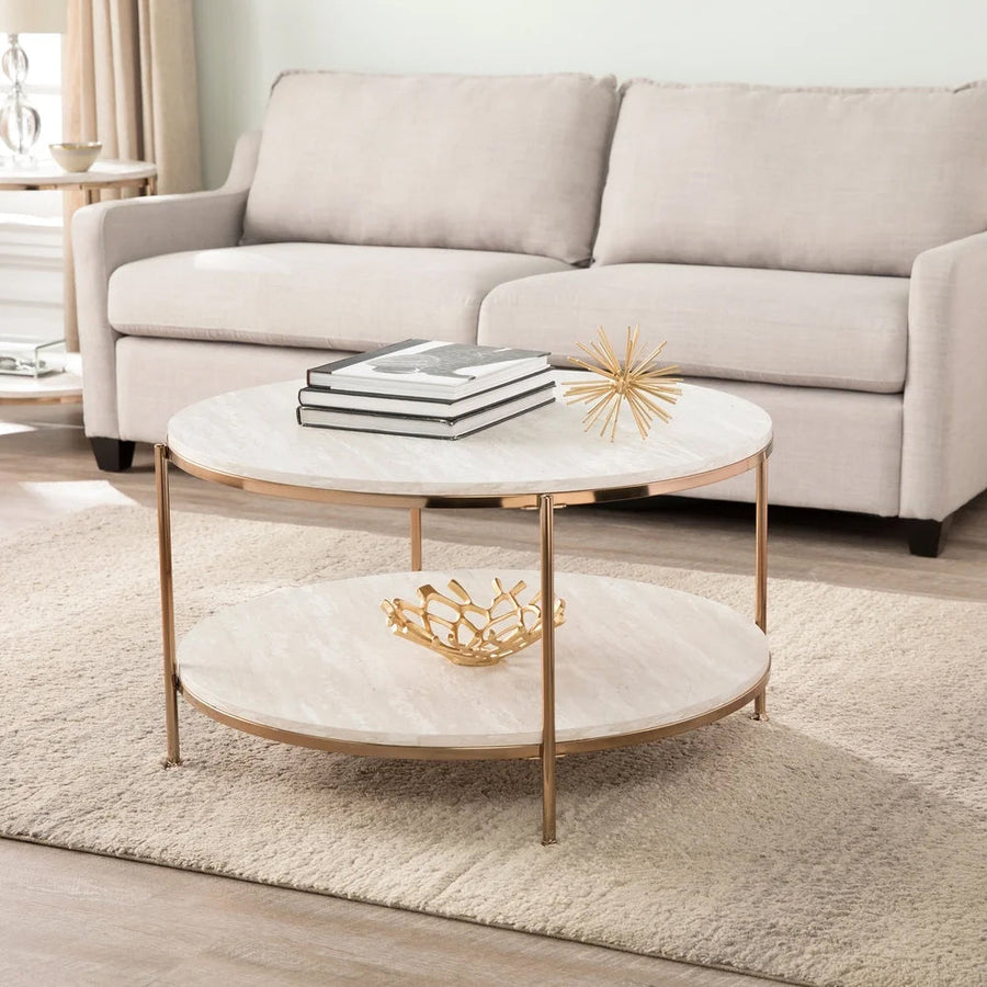 Round Metal Copper Round Coffee Table In Shiny Golden Edge Table