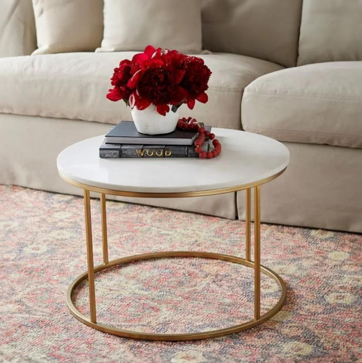 Premium White Marble Round Shaped Golden Stand Center Table Table