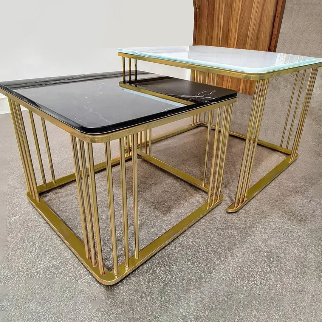 White & Black Square Shape Metallic Marble Table Set of 2 Table