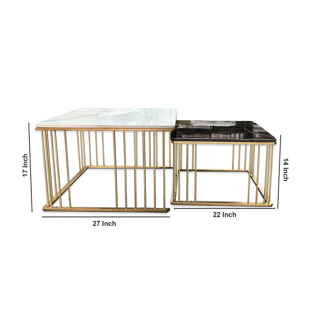 White & Black Square Shape Metallic Marble Table Set of 2 Table