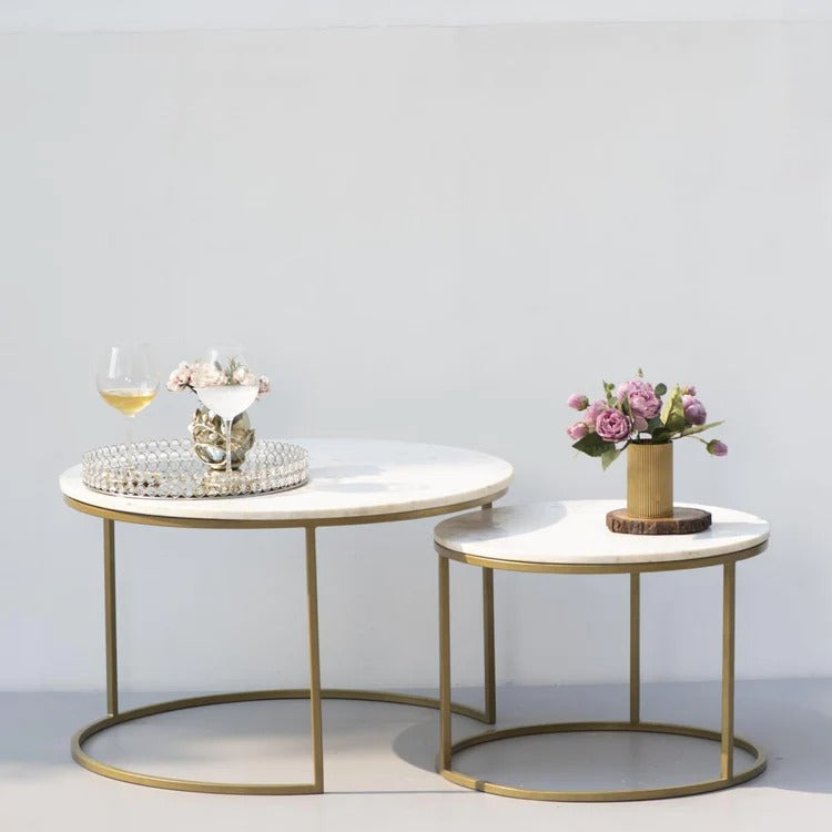 White Marble Round Iron Stand Coffee Tables Set of 2 Table