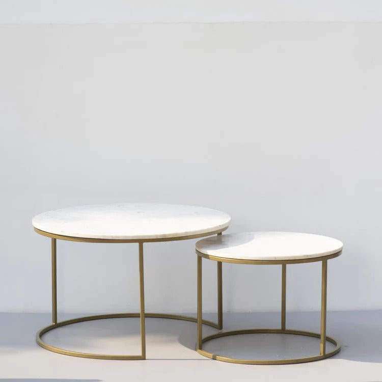 White Marble Round Iron Stand Coffee Tables Set of 2 Table