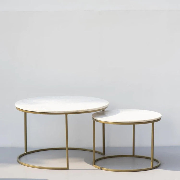 White Marble Round Iron Stand Coffee Tables Set of 2 Table