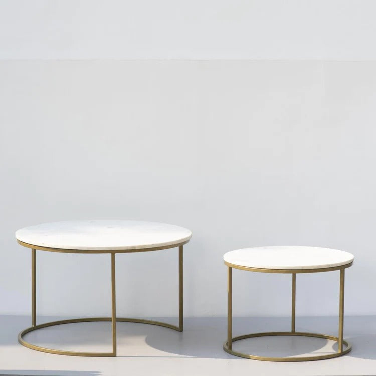 White Marble Round Iron Stand Coffee Tables Set of 2 Table
