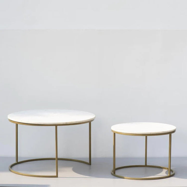 White Marble Round Iron Stand Coffee Tables Set of 2 Table