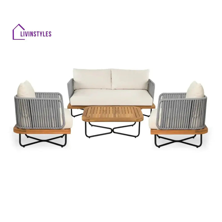 Vibhuti Outdoor 4-Piece Rope Woven Conversation Sofa Set with Wooden Top Table - Sofa Set