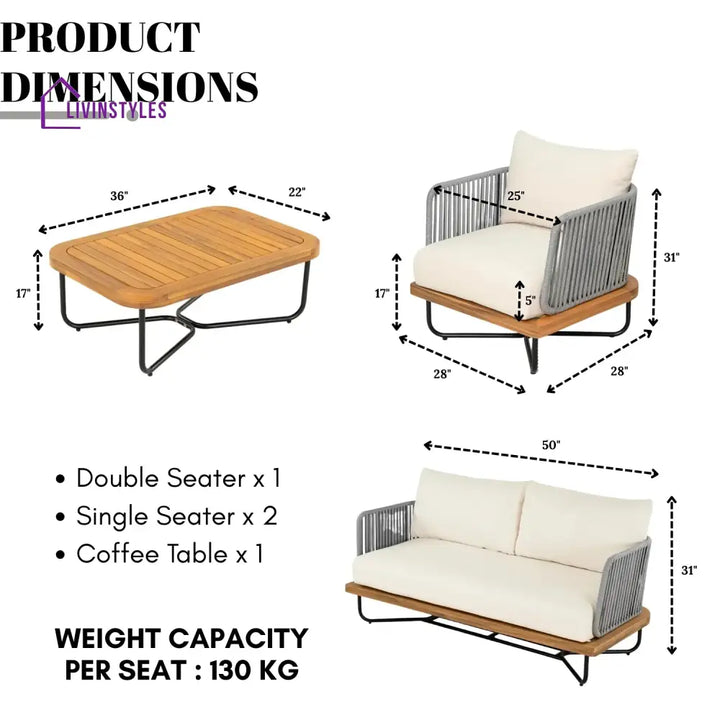 Vibhuti Outdoor 4-Piece Rope Woven Conversation Sofa Set with Wooden Top Table - Sofa Set