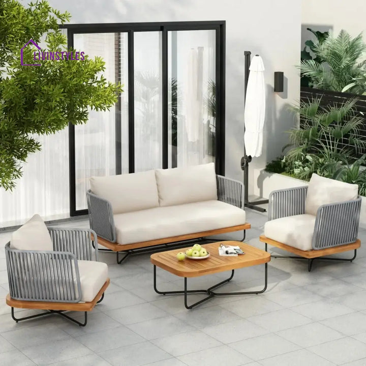 Vibhuti Outdoor 4-Piece Rope Woven Conversation Sofa Set with Wooden Top Table - Sofa Set