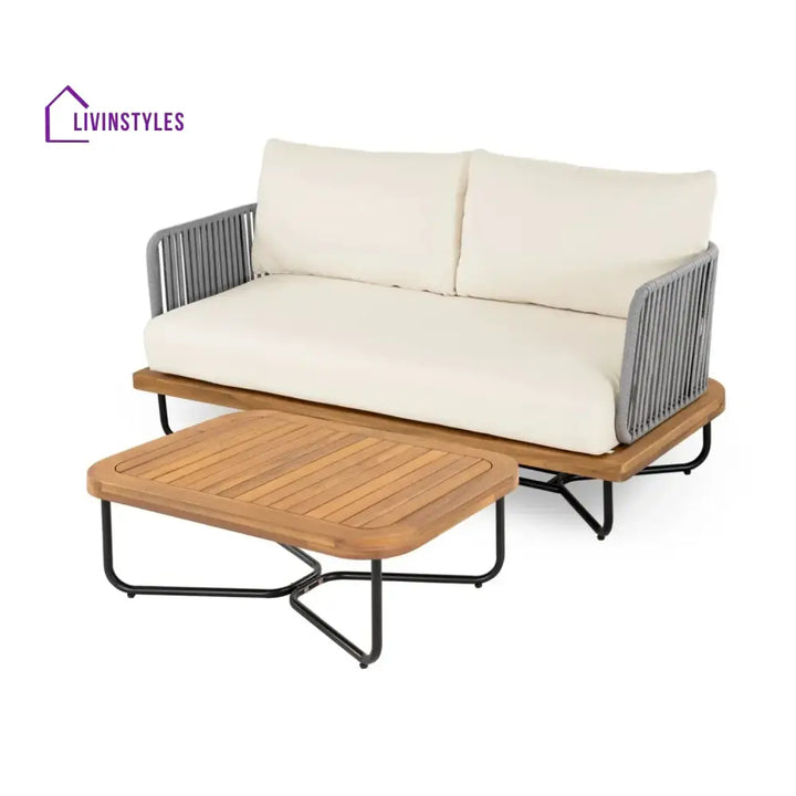 Vibhuti Outdoor 4-Piece Rope Woven Conversation Sofa Set with Wooden Top Table - Sofa Set