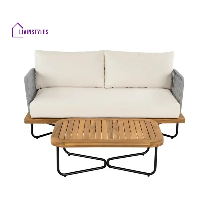 Vibhuti Outdoor 4-Piece Rope Woven Conversation Sofa Set with Wooden Top Table - Sofa Set
