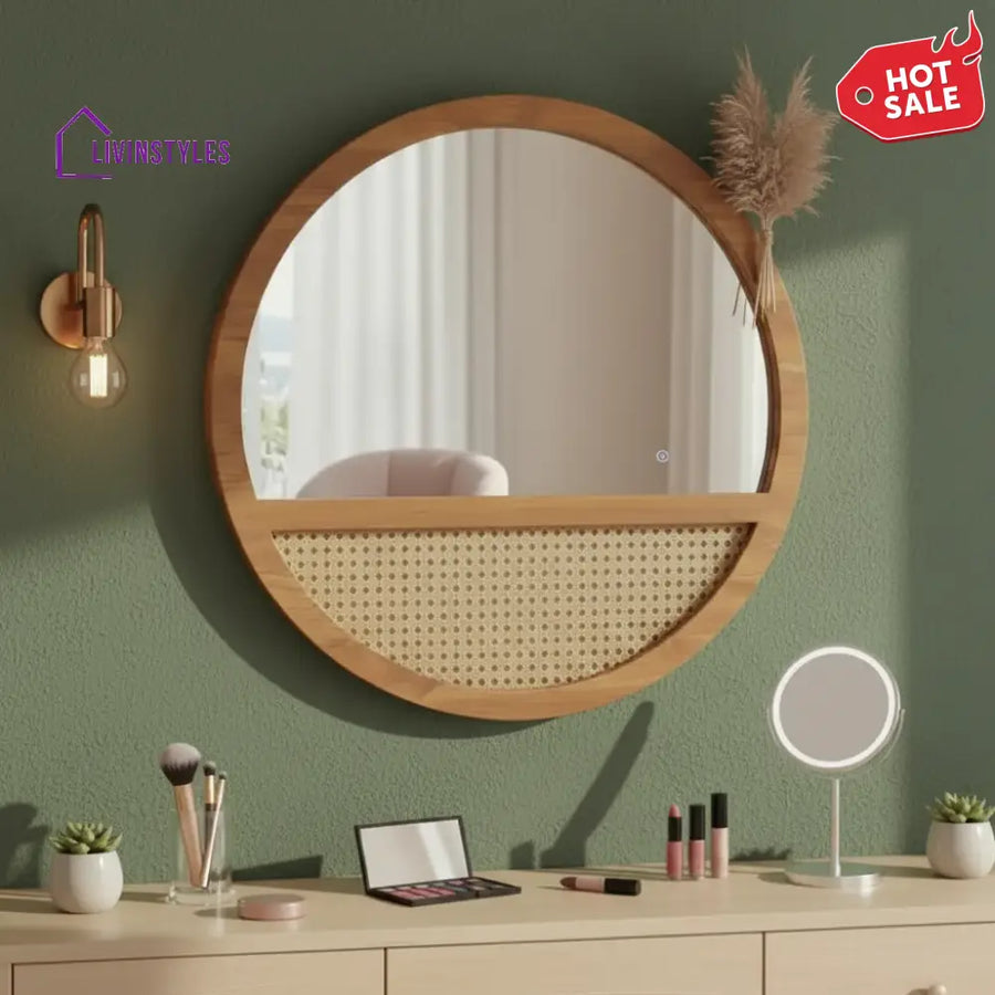 ADOUER WOOD Solid Wood 28’’ Round Wood Wall Mirror with Cane Weave Inlay - Wall Mirror