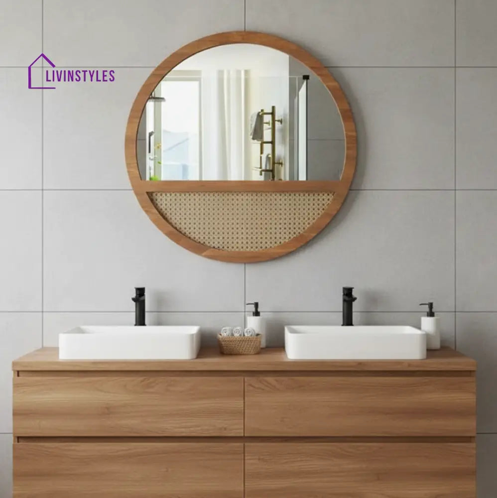 ADOUER WOOD Solid Wood 28’’ Round Wood Wall Mirror with Cane Weave Inlay - Wall Mirror