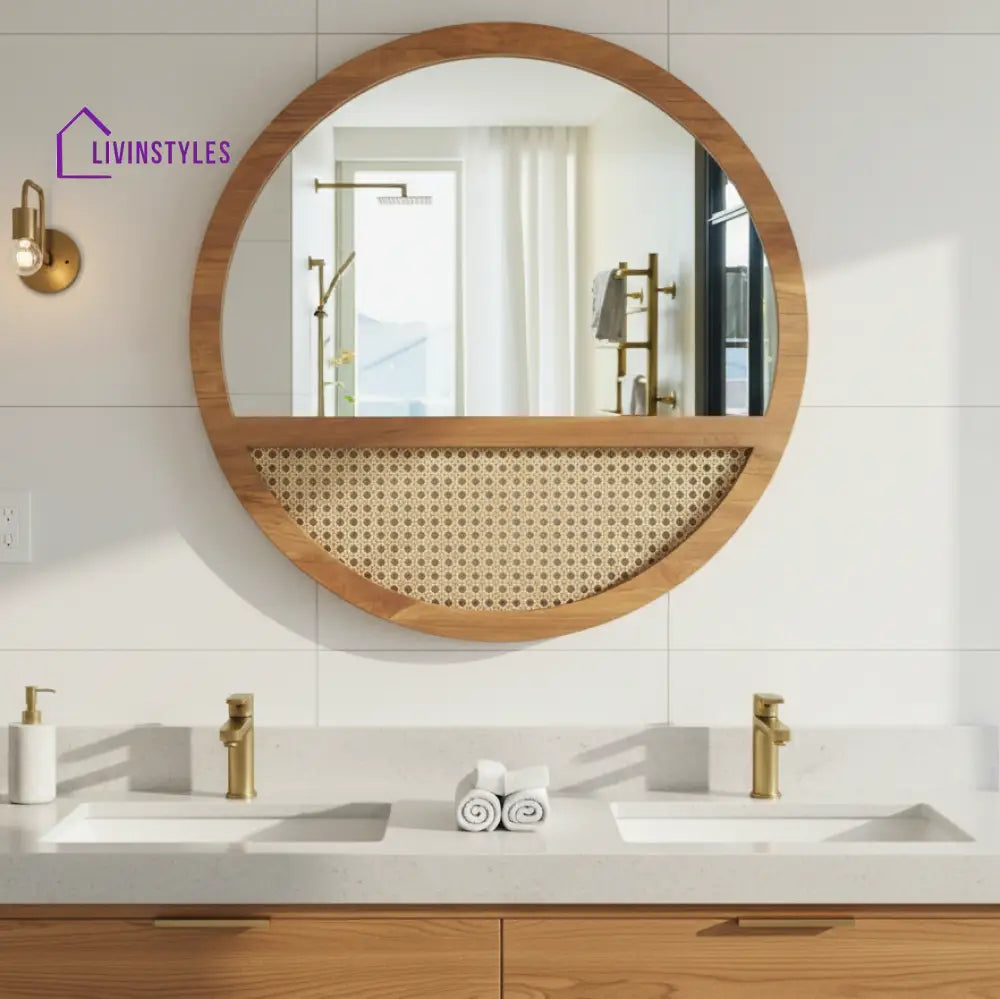 ADOUER WOOD Solid Wood 28’’ Round Wood Wall Mirror with Cane Weave Inlay - Wall Mirror