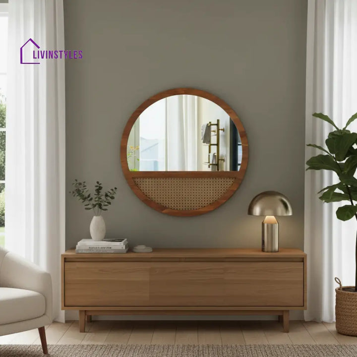 ADOUER WOOD Solid Wood 28’’ Round Wood Wall Mirror with Cane Weave Inlay - Wall Mirror